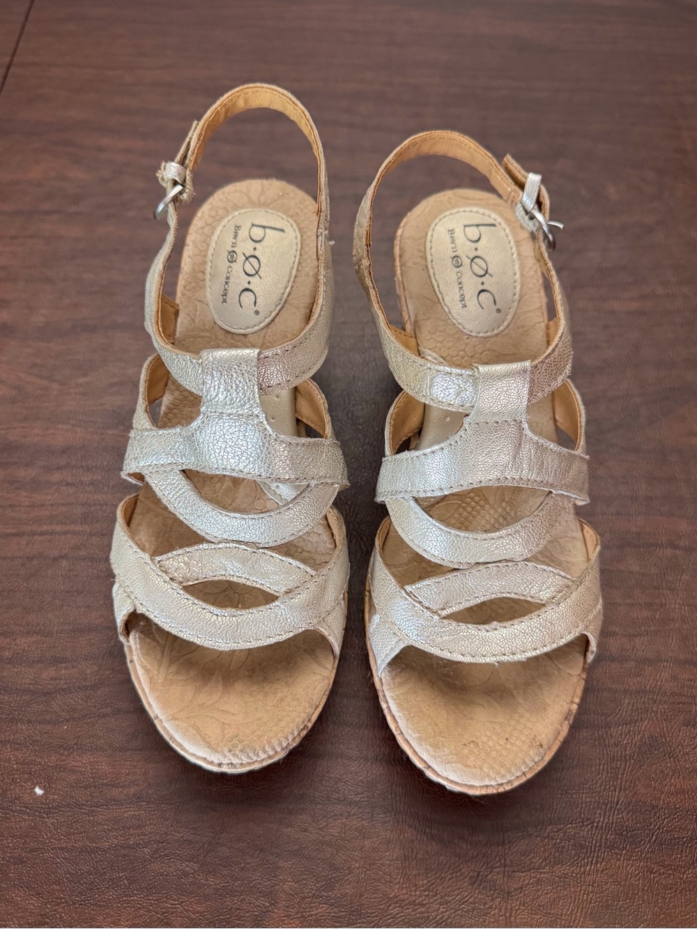 b.o.c. Women's Metallic Champagne Strappy Wedge Sandals